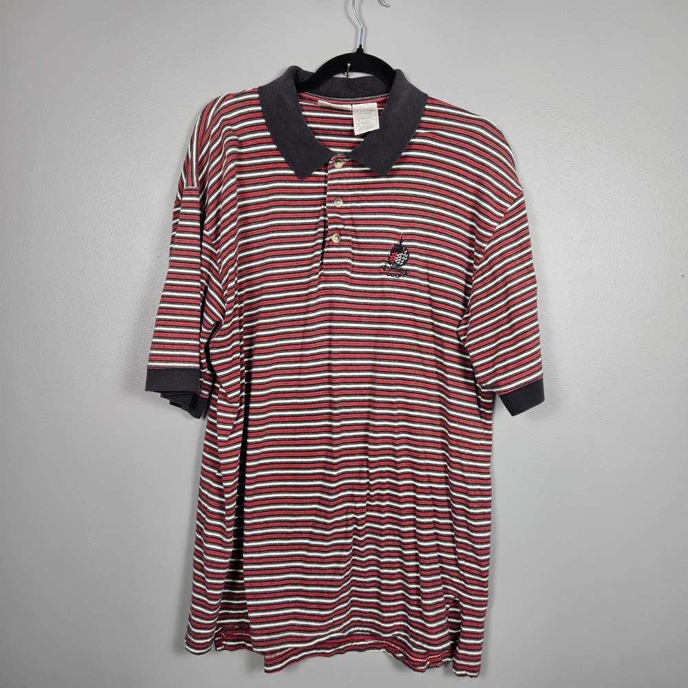 Walt Disney World Mens L Golf Polo Shirt Vintage Striped Embroidered Red Black